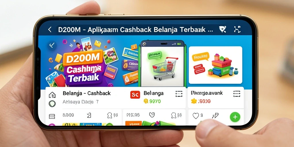 Antarmuka aplikasi D200M menampilkan berbagai penawaran cashback menarik.