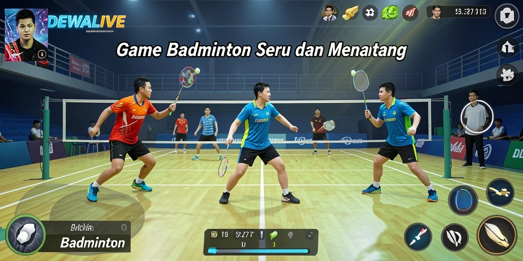Antarmuka game DEWALIVE dengan aksi badminton yang seru.