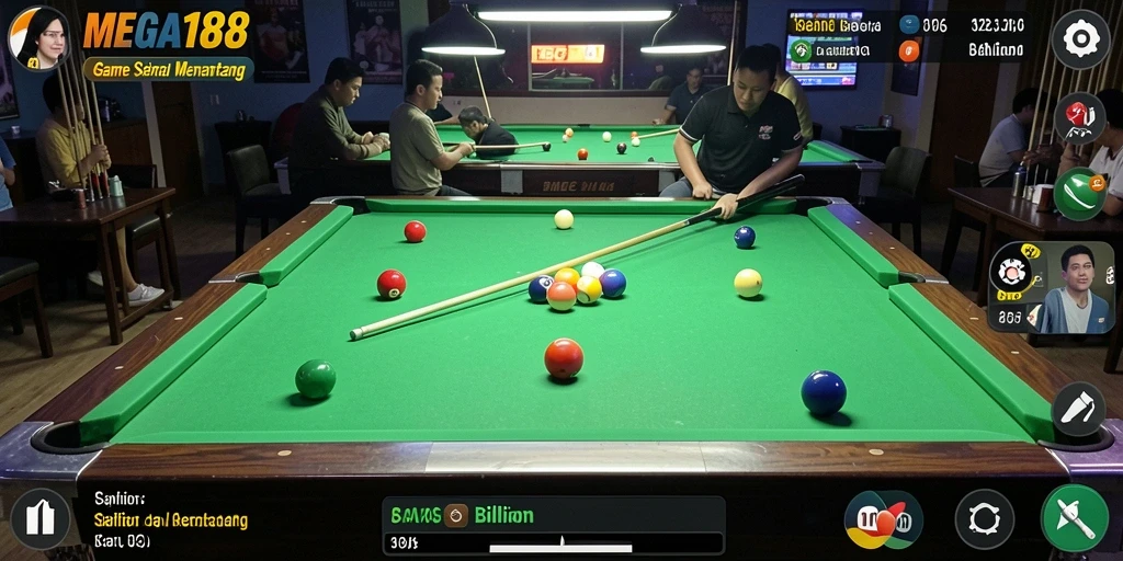 Tampilan antarmuka MEGA188 dengan grafis billiard yang realistis.